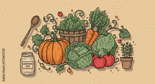 Fresh Harvest Delight: A vibrant illustration showcases a bountiful arrangement of freshly picked garden vegetables and essential kitchen tools.