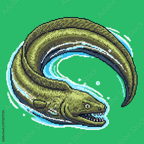 A pixel art illustration of a green moray eel swimming in swirling blue water against a solid green background.