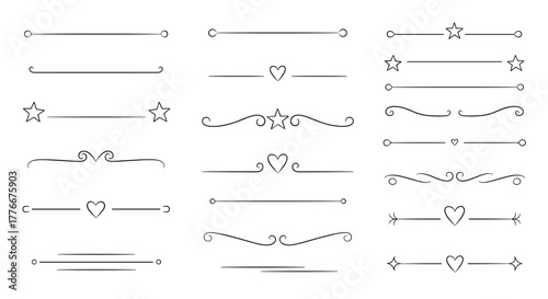 Elegant Divider Collection: A curated set of delicate line dividers, embellished with stars, hearts, and ornate flourishes, offer a touch of refined elegance for various design applications.