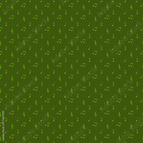 Gorgeous Seamless Pattern of Shamrock Green Music Notes on Olive Green Background