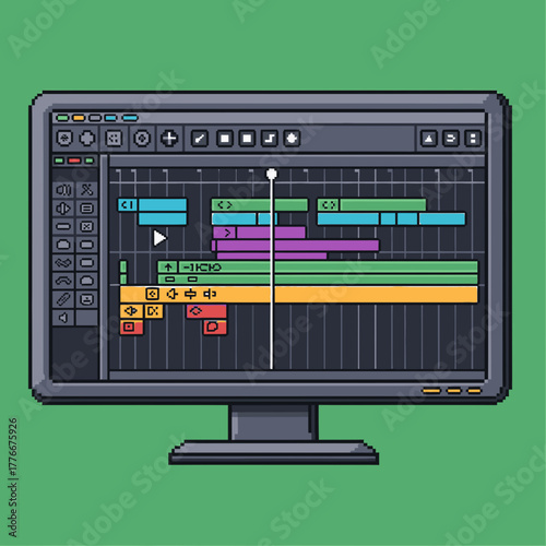 Pixel art illustration of a computer monitor displaying a digital editing software timeline.
