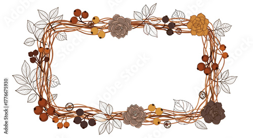 Elegant Floral Frame: A beautifully crafted floral frame, with an intricate design of leaves, berries, and woven branches, perfect for adding a touch of natural elegance to any creative project.