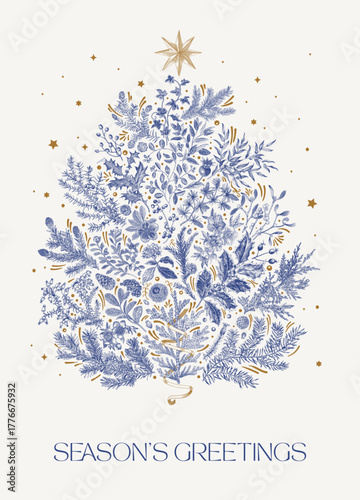 The Christmas tree. Season's greetings. Vintage christmas botanical card. Blue and white