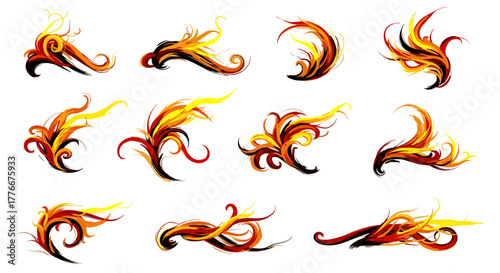 Fiery Artistry: An array of dynamic, stylized fiery shapes showcasing vibrant colors and fluid forms, perfect for design accents and imaginative projects.