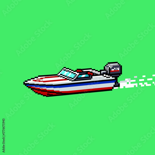 A pixel art illustration of a red, white, and blue speedboat moving quickly across a solid green background.