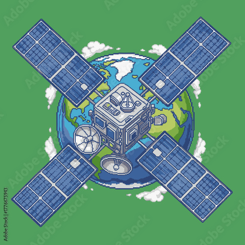A pixel art illustration of a satellite with large solar panels orbiting a cartoonish Earth against a green background.