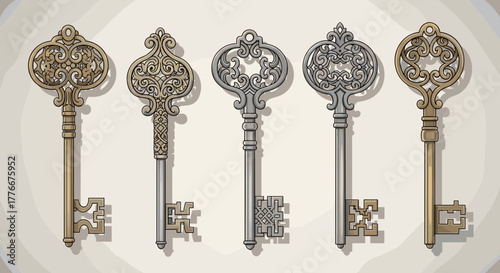 Timeless Secrets: An array of antique keys, each a unique masterpiece of design and craftsmanship, stand as silent sentinels of history and hidden knowledge. 
