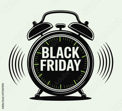 Alarm Clock Announcing Black Friday Sale Event with Loud Ringing Illustration and Green Accents Ready for Promotional Marketing