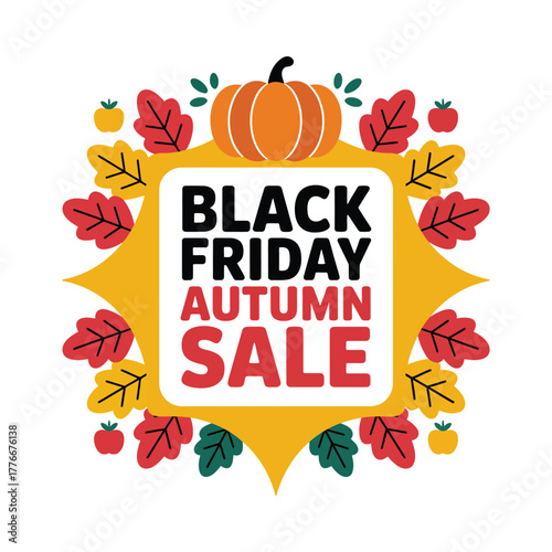 Black Friday Autumn Sale Promotion with Seasonal Decorations Featuring Pumpkins Apples and Colorful Leaves Perfect for Retail Marketing and Advertising Campaigns to Attract Customers