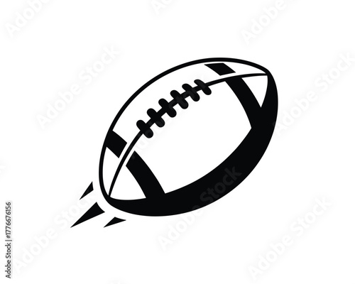 Stylized black and white american football in motion