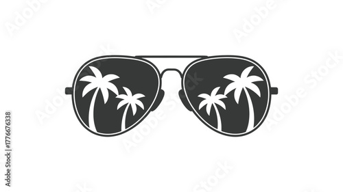 Aviator sunglasses reflecting palm trees on a beach