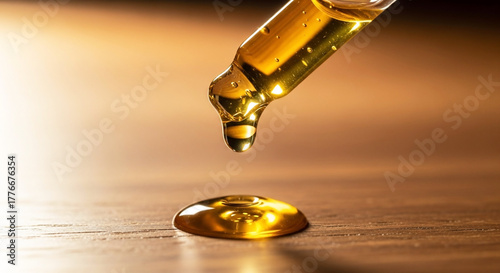 Wallpaper Mural Golden liquid dropping from pipette onto a reflective surface Torontodigital.ca