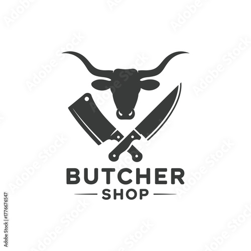 Vintage butcher shop logo with bull and knives