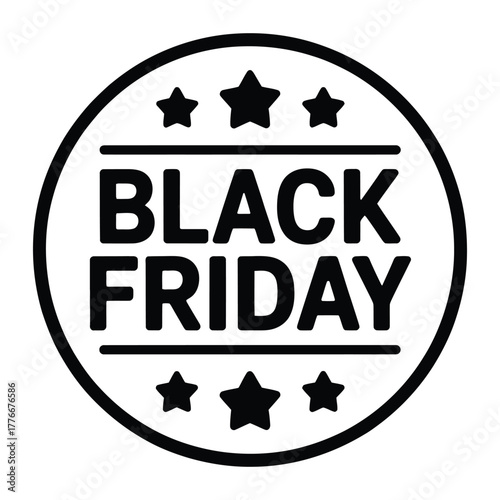 Bold Black Friday Promotion Icon with Stars and Circular Border for Retail and Marketing Campaigns High Contrast Design Simple and Minimalist Aesthetic