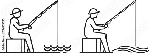 Two fishermen sitting and fishing silhouette