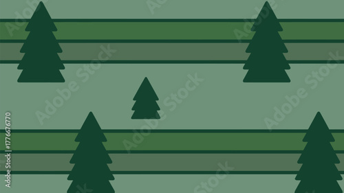 A simple green landscape with stylized trees and horizontal bands of varying green shades forming ground