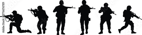 Armed soldier silhouettes vector illustration, military combat stance icons, tactical rifle poses, army troops in action, warfare defense flat design
