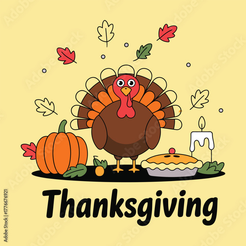 Charming Thanksgiving Illustration with Turkey Pumpkin Pie and Autumn Leaves Celebrating Harvest Season and Family Gatherings in a Festive Spirit for Holiday Greetings