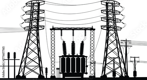 Detailed silhouette vector of electrical substation with transmission towers, transformer unit, bushings, insulators, circuit breakers, isolators and distribution lines
