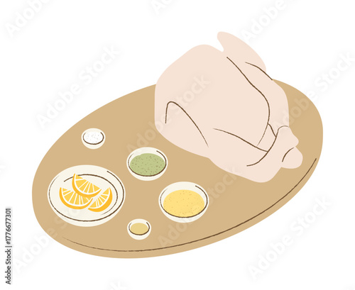 Raw turkey and spices on cutting board isolated on white background