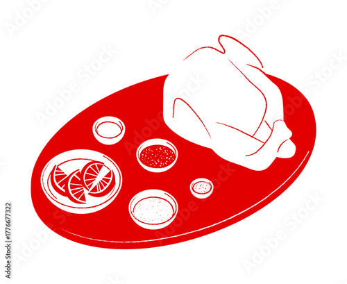 Monochrome raw turkey and spices on cutting board isolated on white background