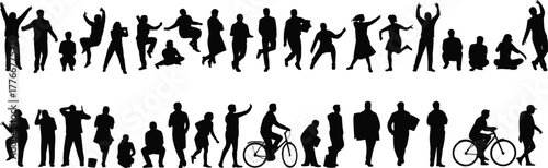 Silhouette vector collection of people in multiple poses including standing, sitting, jumping, dancing, cycling and everyday human activities