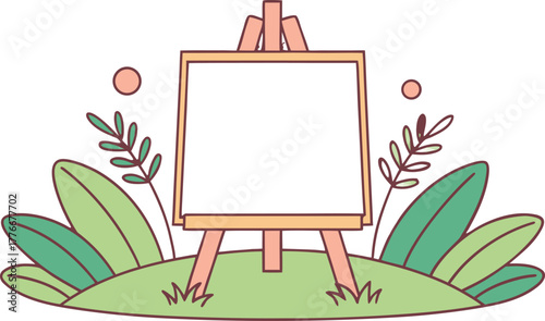 Easel on Green Hill, Art Blank Canvas, Vector Drawing Board