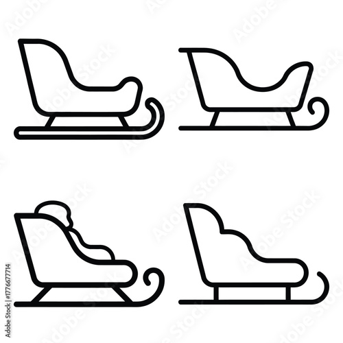 sleigh ride outline icon set, black color and white background