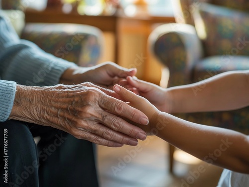 Hands of generations connect in a warm living room filled with light and love
