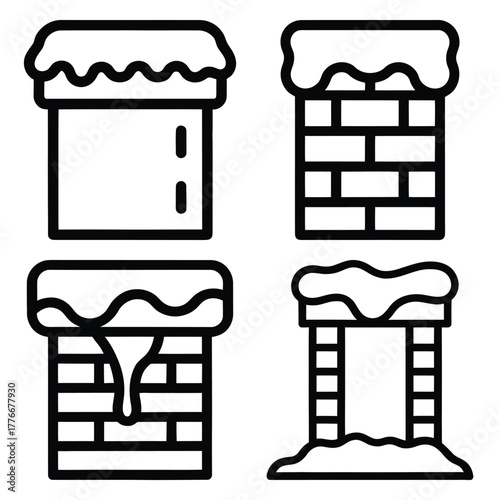 snow covered chimney icon set, black color and white background