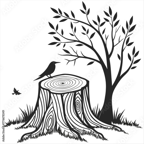 A black and white illustration of a tree stump with visible growth rings on a white background shade