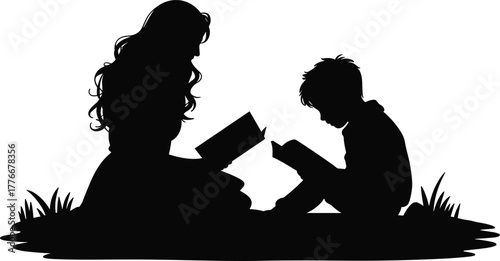 Silhouette vector of adult and child sitting on grass reading books together symbolizing education, bonding, storytelling and learning