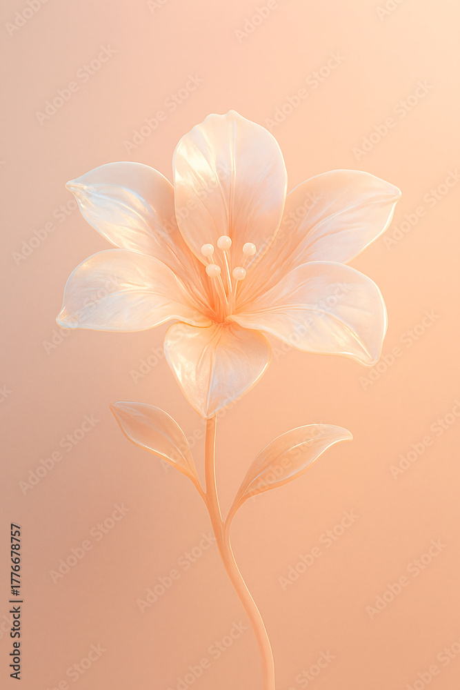 Obraz premium Pearlescent lily flower on pastel peach background – minimalist botanical 3D render, soft elegant bloom, modern aesthetic, vertical composition