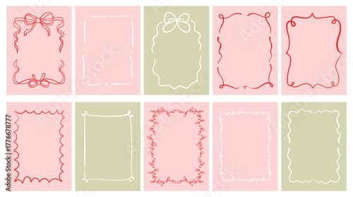 Retro pink and green holiday border featuring hand-drawn bow, ribbon, and lights. Perfect decorative frame for Christmas posters, invitations, placards, and festive vector layouts.