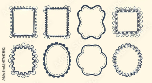 Set of hand-drawn vintage doodle frames with decorative borders. Ornate scalloped photo frame vector illustration
