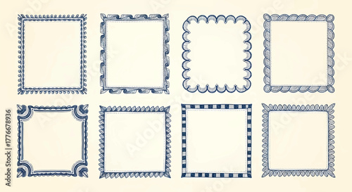 Hand-drawn collection of square doodle frames and sketchy decorative borders. Isolated design vector illustration