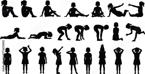 Silhouette vector of child in twenty different poses including sitting, standing, crawling, jumping, stretching, lying, squatting and playful gestures