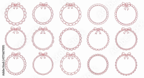 Set of decorative circular lace frames with bows, cute vintage round border collection vector illustration