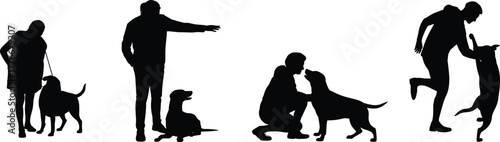 Silhouette vector of people interacting with dogs including walking, training, kneeling, playing, affection, companionship and playful jumping gestures