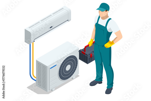 Isometric technician with HVAC system. Concept of air conditioning installation, heating, and cooling maintenance service.