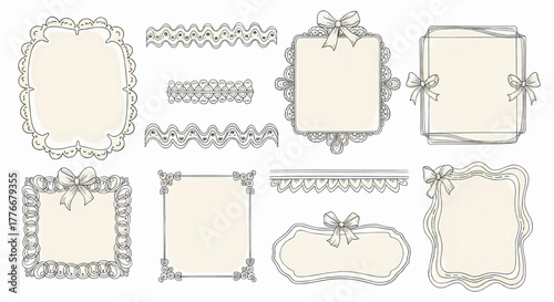 Elegant collection of vintage lace frames with bows and decorative border dividers. A cute vector illustration