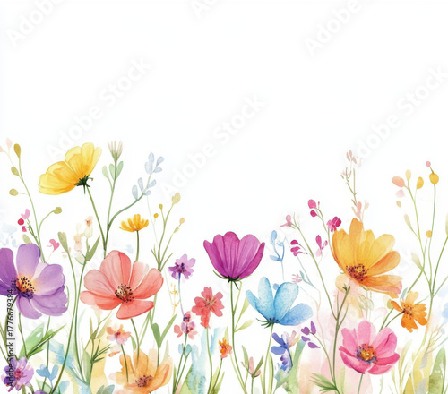 Delicate watercolor illustration of wildflowers in soft pastel tones. The botanical composition features gentle blooms and leaves, capturing the beauty of spring and nature.