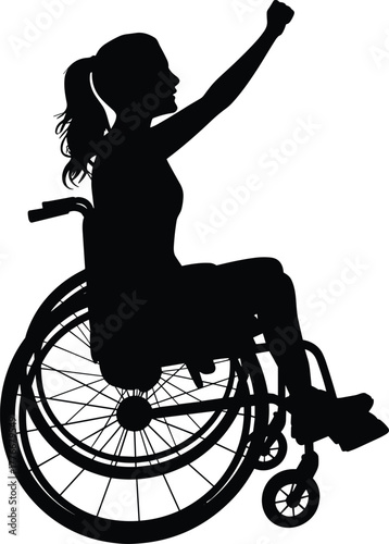 Silhouette vector of person in wheelchair raising arm with clenched fist symbolizing strength, empowerment, resilience, disability rights and determination
