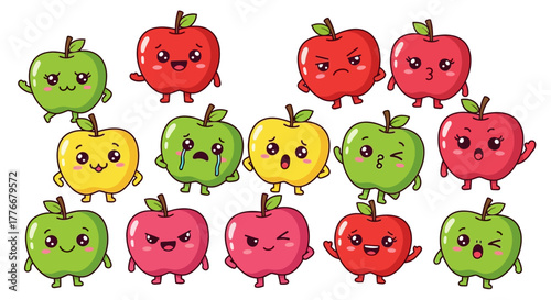 Collection of kawaii anthropomorphic apples with expressive faces in vibrant colors, perfect for educational and playful content