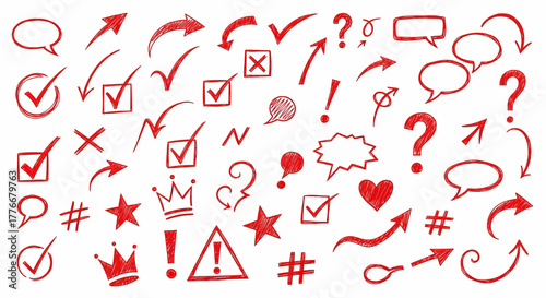 Hand-drawn red marker doodle icon set with checkmarks, arrows, and punctuation marks vector illustration