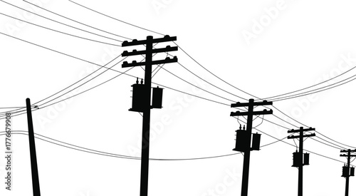 Silhouette vector of utility poles with electrical transformers, crossarms, power lines, distribution system, perspective view and electricity infrastructure design