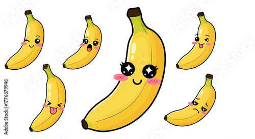 Cute Kawaii Banana Fruits with Expressive Face Illustrations Collection