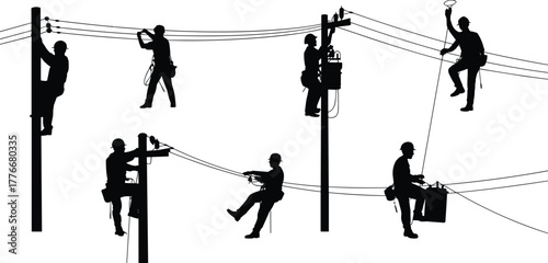 Silhouette vector of utility workers on power lines and poles performing maintenance tasks with safety harnesses, bucket lift and climbing gear
