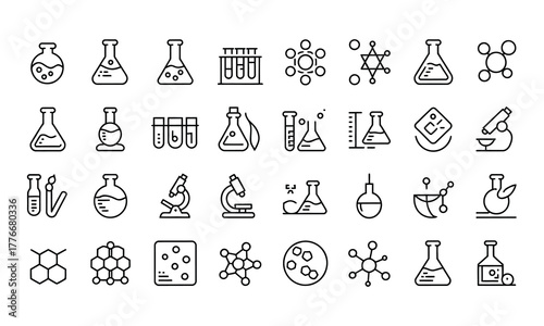 A collection of hand drawn sketchy icons representing various scientific laboratory equipment and concepts including beakers flasks microscopes molecules and dna for educational or research purposes