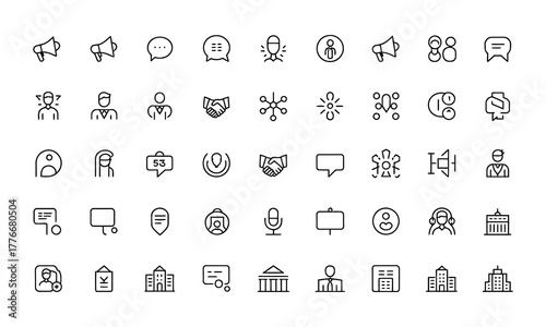 A diverse collection of hand drawn outline icons representing various concepts such as communication business technology nature and abstract symbols presented on a clean white background